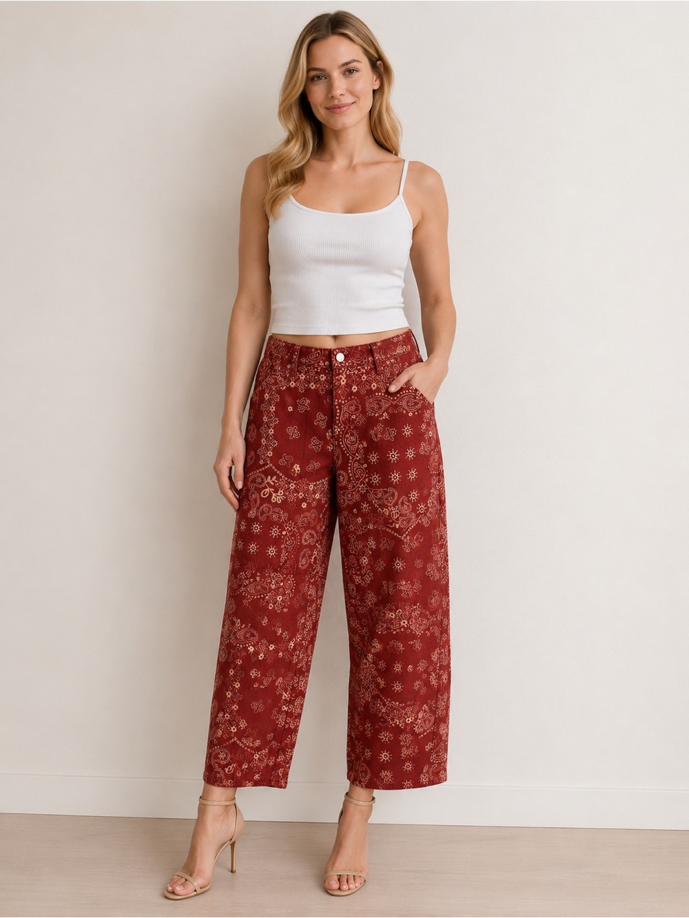 Loveimgs Printed Wide-Leg Crop Jeans in Rust Red Size‎ L